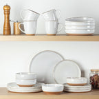 AmorArc 24 Pieces Ceramic Dinnerware Sets for 6, Handpainted Plates and Bowls Set with Rustic Terracotta Underside, Scratch Resistant Stoneware Dishes Set, Dishwasher & Microwave Safe, White