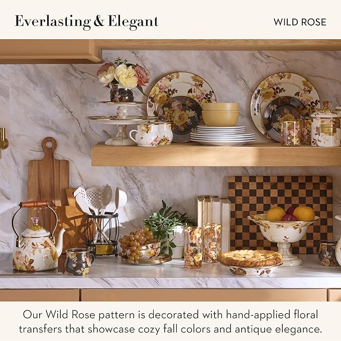 MACKENZIE-CHILDS Enamel Tea Kettle, Cute Tea Kettle for Stovetop, 2 Quarts, Wild Rose White