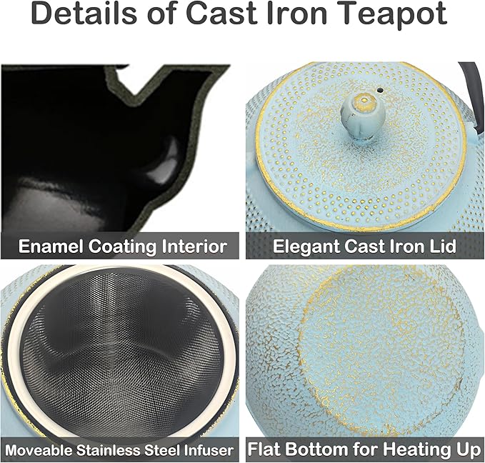30.4oz Small Cast Iron Teapot, Tea Kettle for Stovetop Safe Coated with Enameled Interior, Japanese Tetsubin, Tea Pot with Stainless Steel Infuser for Loose Tea(900ml)
