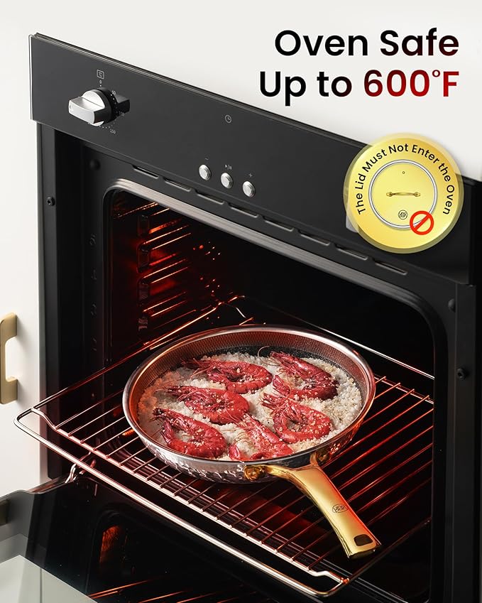 Gold Pots and Pans Set, Hybrid Hammered Stainless Steel, 10PC Nonstick Kitchen Cookware Sets w/Frying pan, Non Toxic, Oven Safe & Compatible with All Stovetops, Holiday Cooking Gift for Him or Her