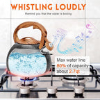 GGC Tea Kettle for Stove Top, Loud Whistling Kettle for Boiling Water Coffee or Milk, 3.1 Quart Heavy Stainless Steel Starry Black Kettle with Wood Pattern Handle, Unique Button Control Kettle Outlet