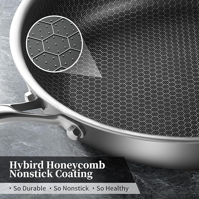 Innerwell Tri-Ply Stainless Steel Frying Pan Set with Lid,8 Inch,9.5 Inch and 11 Inch Nonstick Honeycomb Stainless Steel Cooking Skillet Set of 3 for Induction Gas Stovetops