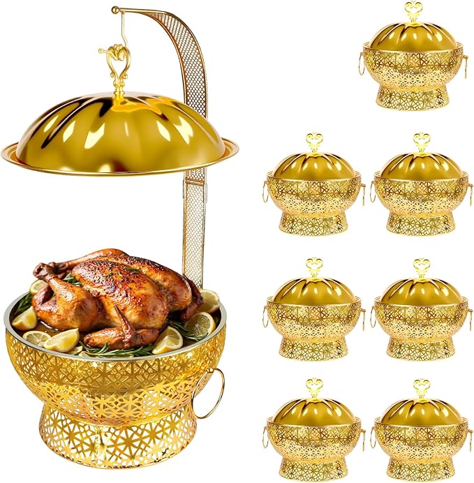 8QT Chafing Dishes Set, Luxury Stainless Steel Round Gold Buffet Warmers with Rolled Edge for Catering, Weddings, Parties, Hotels (8-Pack)