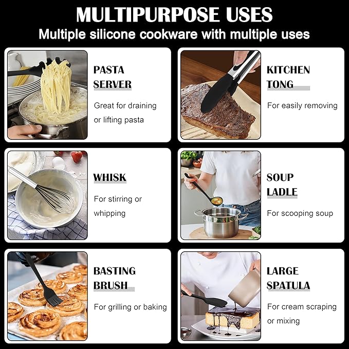 HaWare Kitchen Utensils, 14 PCS Silicone Cooking Utensils Set, Heat Resistant Kitchen Utensils for Non-stick Cookware, Kitchen Gadgets Tools with Spoons, Spatulas, Whisk, Dishwasher Safe (Black)