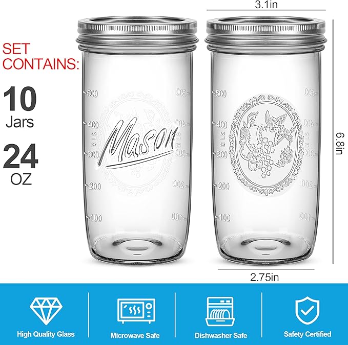Mason Jars Wide Mouth 24oz, 10 pack Glass Pickle Canning Jars Food Storage With Airtight Mason Jar lids and Bands for Canning, Preserving, Fermenting, Pickling for Microwave/Freezer/Dishwasher