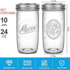 Mason Jars Wide Mouth 24oz, 10 pack Glass Pickle Canning Jars Food Storage With Airtight Mason Jar lids and Bands for Canning, Preserving, Fermenting, Pickling for Microwave/Freezer/Dishwasher