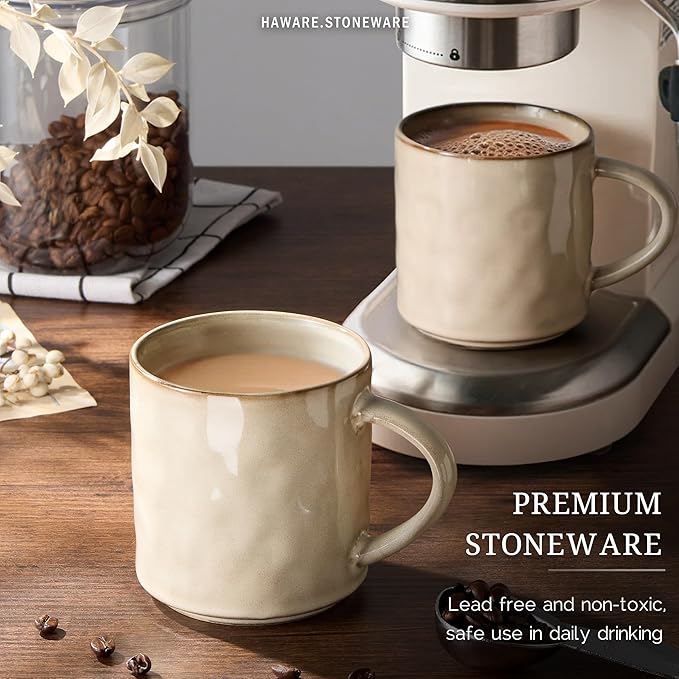 HaWare 14OZ Coffee Mugs Set of 6, Stoneware Coffee Cups with Handle, Latte Mug for Man, Woman, Dad, Mom, Modern Tea Mugs for Latte/Cappuccino/Cocoa/Milk, Dishwasher& Microwave Safe, Saturn Khaki