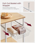 VASAGLE Baker's Rack, Microwave Stand, Kitchen Storage Rack with Wire Basket, 6 Hooks, and Shelves, for Spices, Pots, and Pans, Golden Oak and Cloud White UKKS035W09
