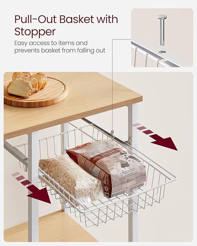 VASAGLE Baker's Rack, Microwave Stand, Kitchen Storage Rack with Wire Basket, 6 Hooks, and Shelves, for Spices, Pots, and Pans, Golden Oak and Cloud White UKKS035W09