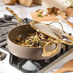 Bloomhouse - Two Time Oprah's Favorite Things Winner - 6 QT Heavy Duty Aluminum Premium PFA Free Ceramic Nonstick Saute/Deep Frying Pan Skillet with Lid - Cappuccino Cream with Gold Handle