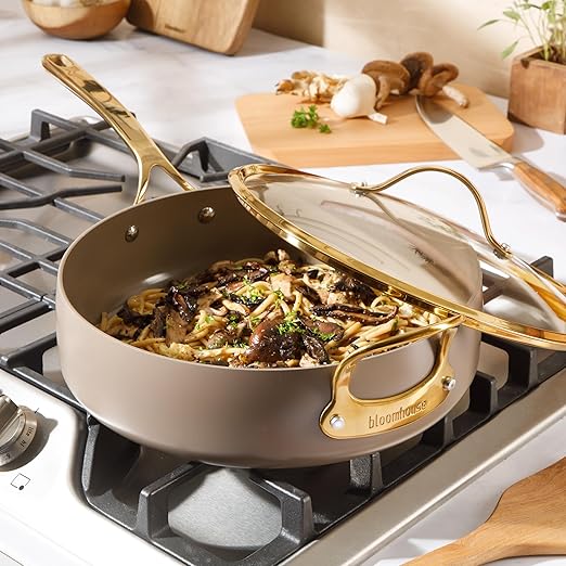 Bloomhouse - Two Time Oprah's Favorite Things Winner - 6 QT Heavy Duty Aluminum Premium PFA Free Ceramic Nonstick Saute/Deep Frying Pan Skillet with Lid - Cappuccino Cream with Gold Handle