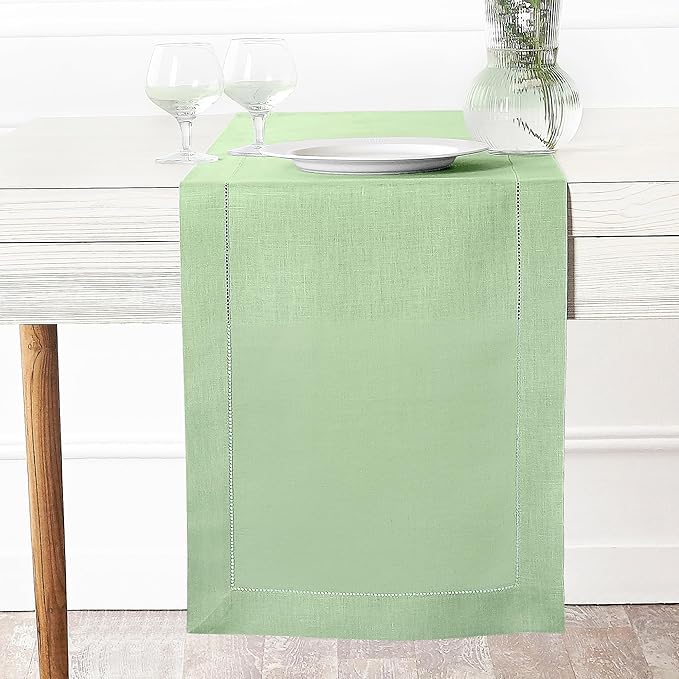D'Moksha Homes Linen Sage Green Table Runner 144 Inches Long - 100% Pure Linen Extra Long Table Runner 14 x 144 Inch for Summer, Fall and Halloween - Classic Hemstitch