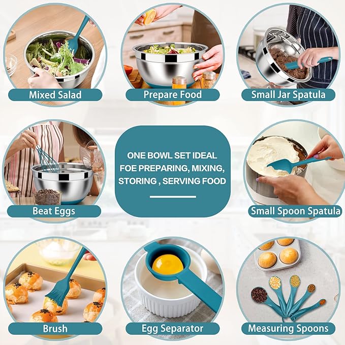 LIANYU Mixing Bowls with Airtight Lids, 14-Piece Stainless Steel Large Metal Nesting Bowl Set with Silicone Bottom, Size 4.6, 3, 1.5QT, Perfect for Baking Preparing and Cooking, Dark Blue