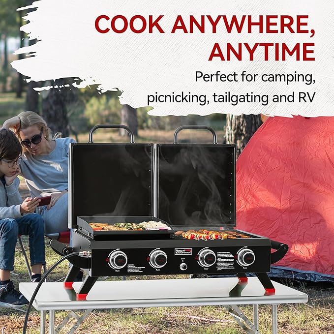 Royal Gourmet GD4002TP 4 Burner Propane Gas Grill and Griddle Combo with Hood, 2-in-1 Portable Grill Griddle Combo with 40,000 BTUs Output for Camping, Tailgating, Backyard, Black