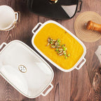 11" x 8" Ceramic Rectangular Casserole Dish with Glass Lid, 1.6 Quart White Serving Soup Tureen,Chafing Dish for Buffet, Family Food preserve Tray, Catering Casserole for Party Style