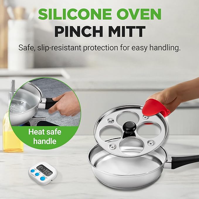 NutriChef Egg Poacher Pan Set - 7.87” Stainless Steel Poached Egg Cooker with 4 Non-Stick Poaching Cups, Glass Lid, Timer, Oven Mitt, and Spatula for Perfect Poached Eggs, Induction Compatible, Silver