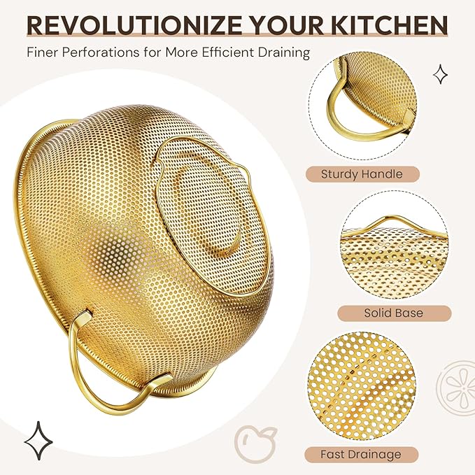 Baderke 1 Pcs 5 Quart Stainless Steel Gold Colander and 3 Pcs Fine Mesh Strainer with Handles Gold Kitchen Accessories for Kitchen Draining Rinsing Serving Food Pasta Rice Vegetables