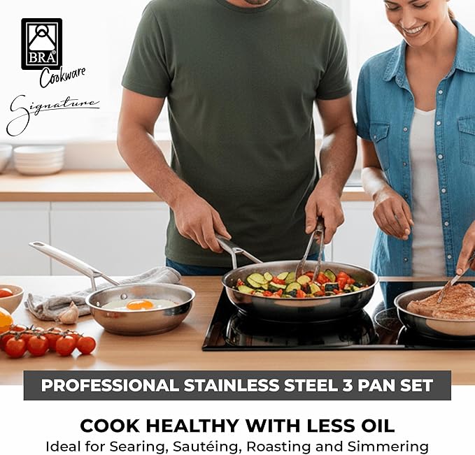 BRA COOKWARE Signature 3 Frying Pan Set | 8 + 9.5 + 11 inches Professional Skillet | Stainless Steel Frypan | All Stovetop Compatible Skillet | PFOA Free | w/o Non-Stick Coating | Polished Finish