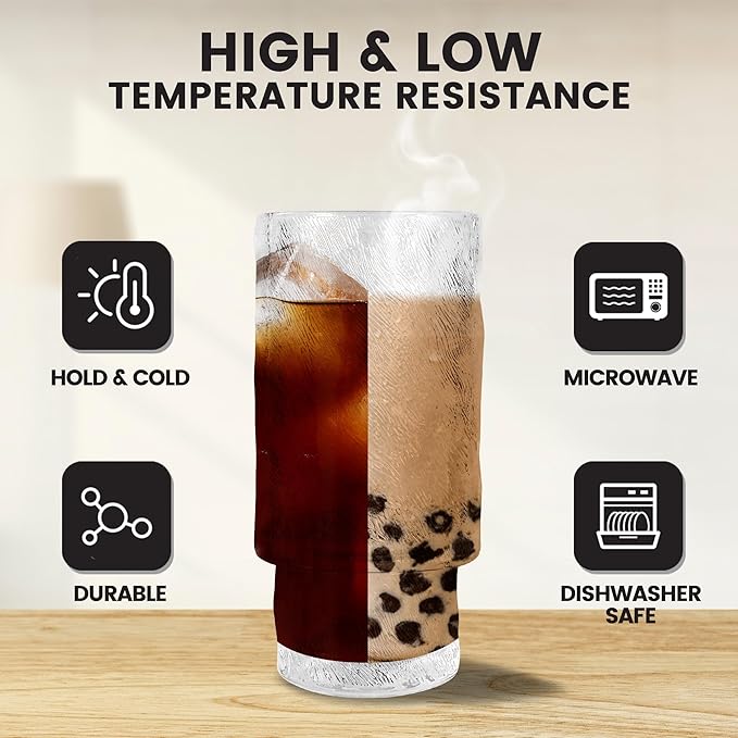 4 Pcs 11 oz Drinking Glasses Cups Set with Bamboo Lids Straws Brush Ribbed Vintage Glassware Set for Tea Iced Coffee Beer Cocktail Whiskey(Ribbed*4)