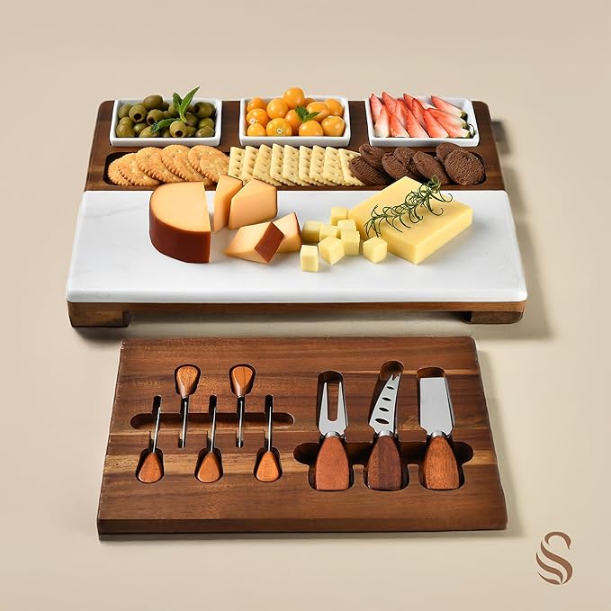 Shanik Marble & Acacia Wood Cheese Board Set – Includes 3 Ceramic Bowls, Stainless Steel Cutlery – Charcuterie Platter Gift for Entertaining
