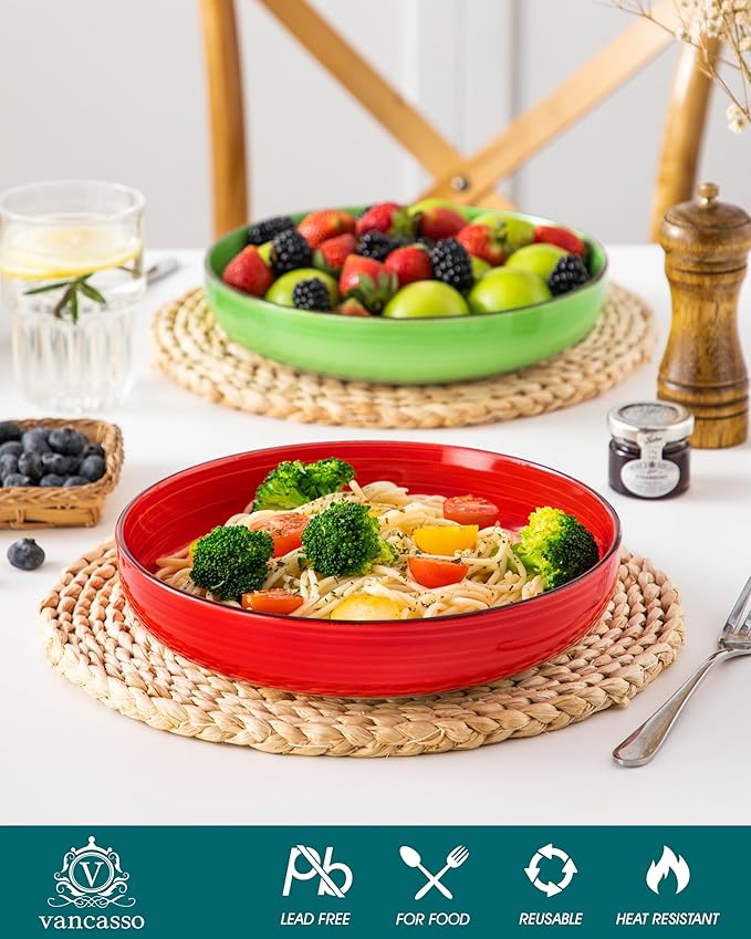 vancasso Pasta Bowls Set of 4, 46 oz Ceramic Salad Serving Bowls and Soup Bowls, Microwave Safe Pasta Plates, Large Shallow Kitchen Dishes, Bonita Series - Multicolor