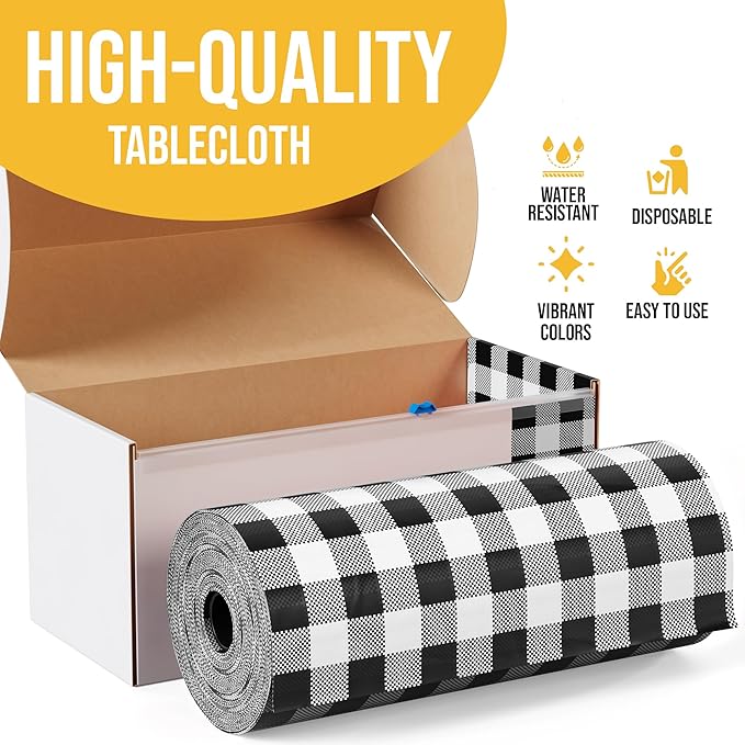 Exquisite Party Solids 54 Inch X 100 Feet Black Gingham Plastic Table Cover Roll in A Cut - to - Size Box with Convenient Slide Cutter. Cuts Up to 12 Rectangle 8 Feet Plastic Disposable Tablecloths