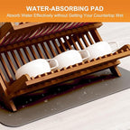 Greenual Teak Dish Drying Rack with Utensil Holder, 2 Tier Collapsible Dish Rack, Wooden Dish Racks for Kitchen Counter, Folding Drying Holder with Absorbent Dish Drying Mat