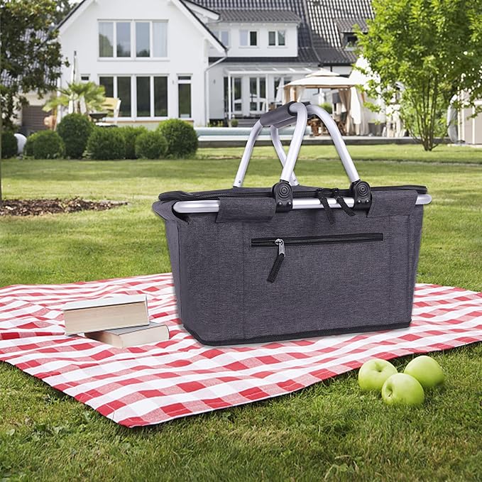 Picnic Basket, SIYUAN Collapsible Market Basket Insulted Cooler with Handles 27L Large Farmers Grocery Basket with Lid Portable Tote Bag, Black