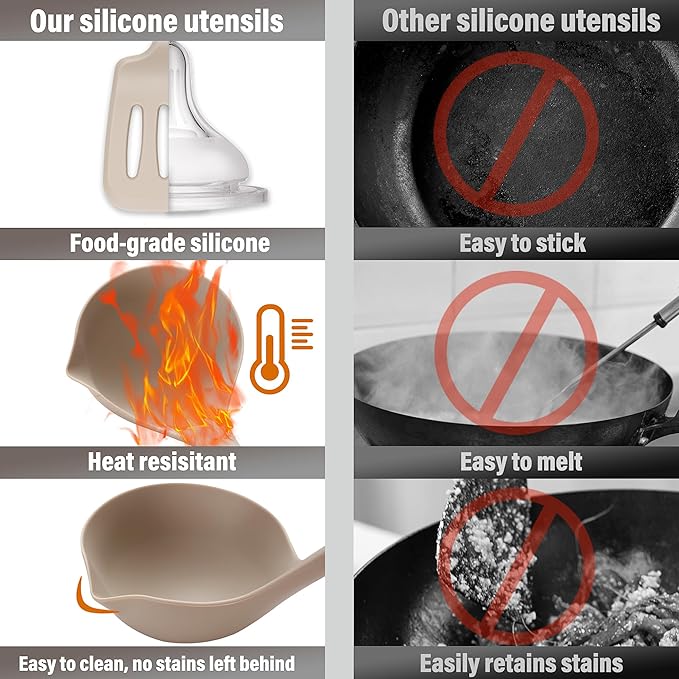 QMVESS Silicone Cooking Utensils Set, Kitchen Utensils Set 7 Pcs with Long Wooden Handle, Food Grade and Heat Resistant Large Silicone Spatula Set for Nonstick Cookware, BPA Free（Khaki）