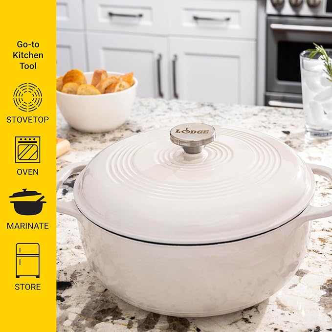 Lodge 6 Quart Enameled Cast Iron Dutch Oven with Lid – Dual Handles, Oven Safe up to 500°F, Stovetop Compatible – Marinate, Cook, Bake, Refrigerate & Serve – Oyster White