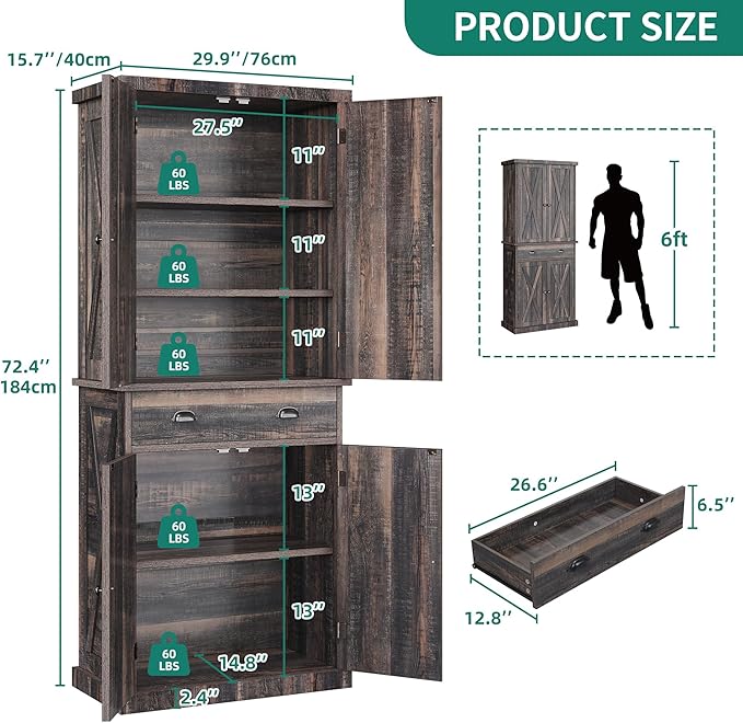 YITAHOME 72'' Tall Kitchen Pantry Cabinets, Farmhouse Storage Cabinets with Barn Doors, Drawer ＆ Adjustable Shelves, Rustic Wood Cupboard for Dining Room, Living Room, Gray Rustic
