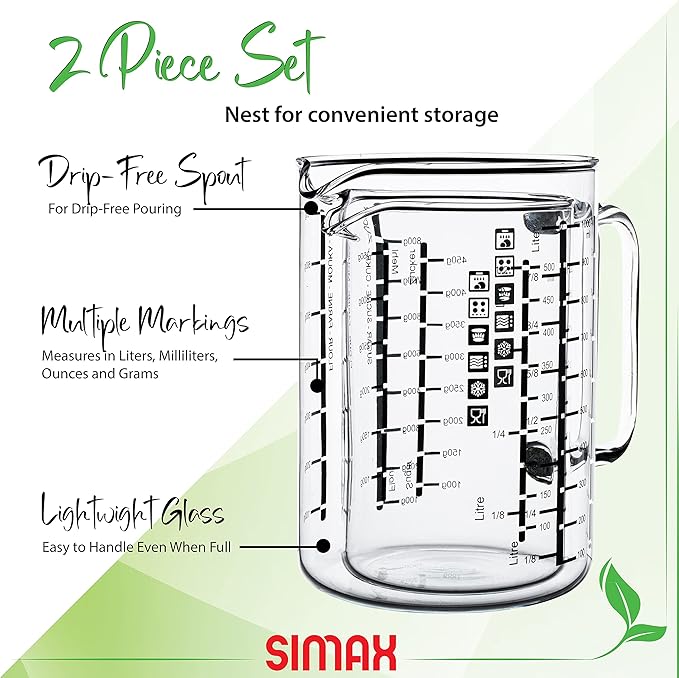 Simax Glass Measuring Cup, Durable Borosilicate Glass, Pack of 2 includes 32 oz and 16 oz Easy to Read Metric Measurements in Liter, Milliliter, Ounce, Sugar Grams, Drip Free Spout, Microwave Safe