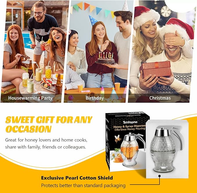 Honey Dispenser, 8oz Honey Dispenser No Drip Glass with Stand, Honey Container & Coffee Syrup Dispenser for Tea Time & Gifting, Elegant Honeycomb Honey Jar - Honey Pot Bottle for Maple Syrup Bee