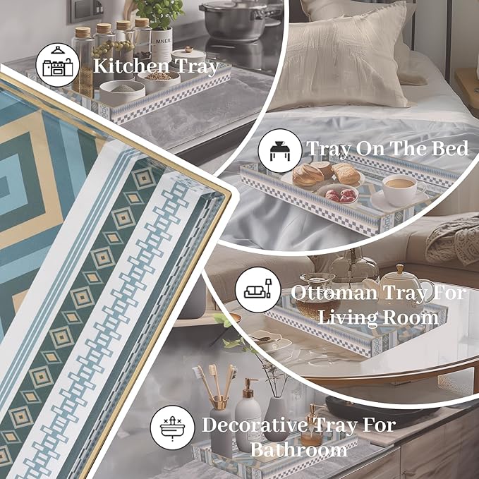 Rectangular Decorative Tray, Plastic Serving Tray with Handles, Bohemian Blue Tray for Ottoman, Coffee Table Tray for Living Room, Home Decor, 15.8" x 11.8" x 1.6"