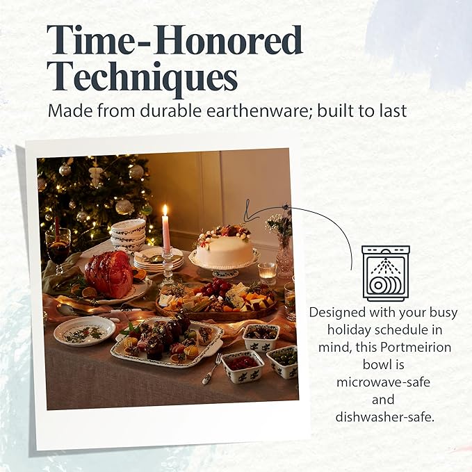 Portmeirion Holly and Ivy 8-Inch Salad Bowls (Set of 6) - Festive Earthenware for Christmas Dining, Ideal for Salads, Sides, Desserts - Microwave, Dishwasher, Freezer Safe - Seasonal Tableware