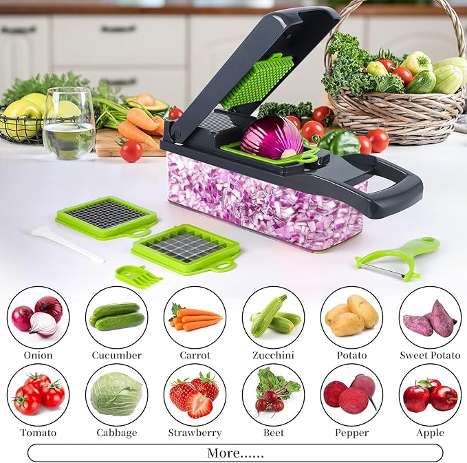 Vegetable Chopper, Pro Onion Chopper, 14 in 1Multifunctional Food Chopper, Kitchen Vegetable Slicer Dicer Cutter,Veggie Chopper With 8 Blades,Carrot and Garlic With Container (Gray) (Gray)