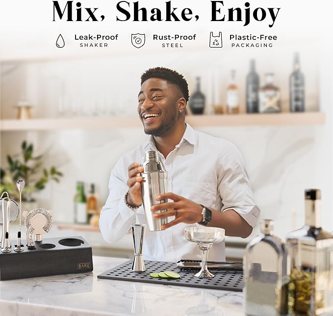 BARE BARREL® Mixology Bartender Kit Bar Set | 14-Piece Cocktail Shaker Set | Martini Barware Mixing Tools for Home Bartending | Incl. 35 Recipe Cards | Gift Set (24oz Cobbler Shaker, Silver/Black)