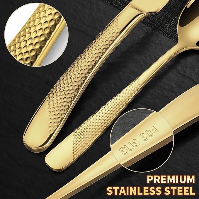 Lemeya 40-Piece Hammered Gold Silverware Set for 8 with Serrated Forging Knives,18/10 Stainless Steel Modern Flatware Set,Unique Cutlery Set Spoons and Forks Set,Mirror Polished,Dishwasher Safe