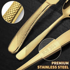 Lemeya 20-Piece Hammered Gold Silverware Set for 4 with Serrated Forging Knives,18/10 Stainless Steel Modern Flatware Set,Unique Cutlery Set Spoons and Forks Set,Mirror Polished,Dishwasher Safe