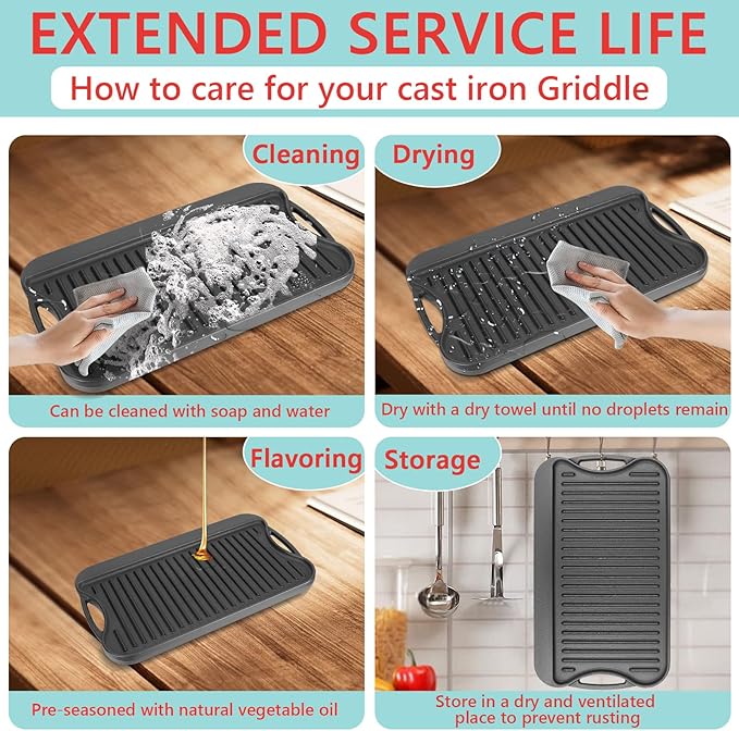 2 in 1 Reversible Cast Iron Griddle for Gas Grill, Flat Top Grill Pan for Gas Stove, Pre-Seasoned Oven Top pan,Upgrade Double Burner Griddle for Indoor & Outdoor Cooking Accessories, 17" X 10"