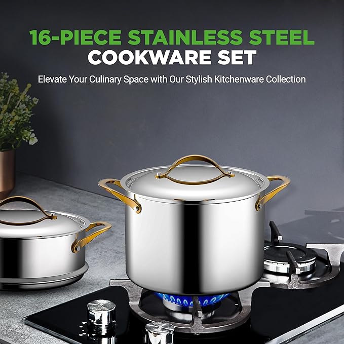 NutriChef 16-Piece Premium Stainless Steel Cookware Set – Tri-Ply Construction, Induction Compatible, Stylish Design with Golden Handles, Includes Pots, Ceramic Coated Fry Pans, and Utensils