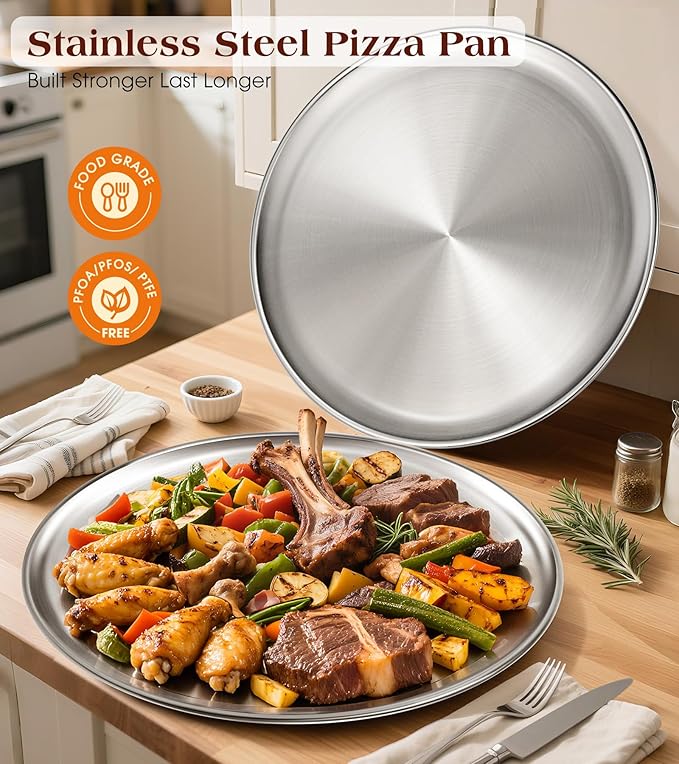 Stainless Steel Pizza Pan 16 inch, Pizza Pan for Oven, Steel Pizza Tray, Thick Round Pizza Plate Pizza Baking Sheet, Easy Clean & Dishwasher Safe, Set of 1