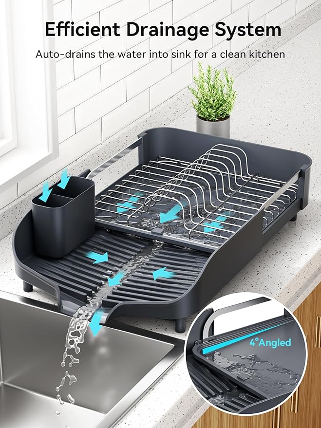 SUNLY Dish Drying Rack, Expandable Dish Racks for Kitchen Counter, Space Saving Kitchen Drying Rack with Sleek & Modern Design, Rust Proof Stainless Steel Dish Drainers with Utensil Holder, Deep Gray