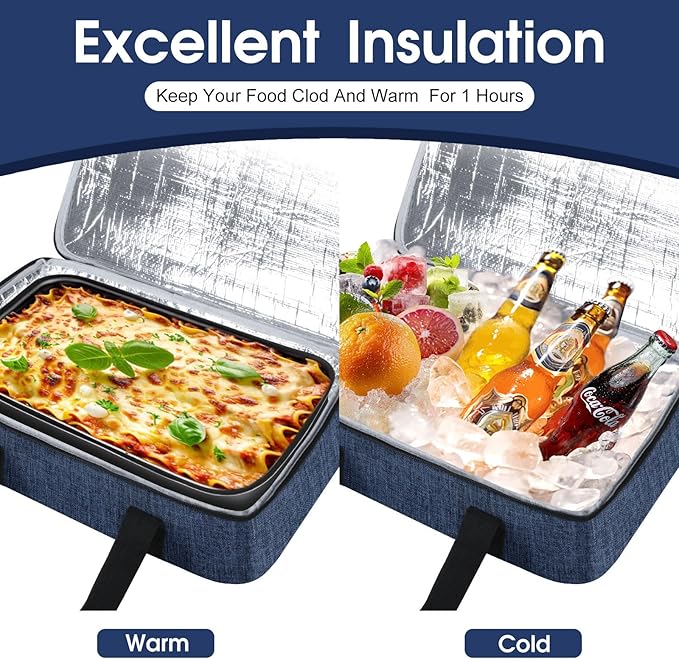 Insulated Casserole Carrier, Portable Casserole Carrier for Hot or Cold Food Lunch Tote Warmer or Cooler Bag, Lasagna Lunch Bag for Potluck Parties- Fits 9" x 13" Baking Dish-Navy blue