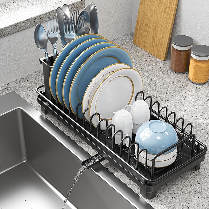 Small Sink Dish Drying Rack with Drainboard, Compact Dish Drainer for Kitchen Countertop, Rustproof Plate Organizer with Utensil Holder, Black