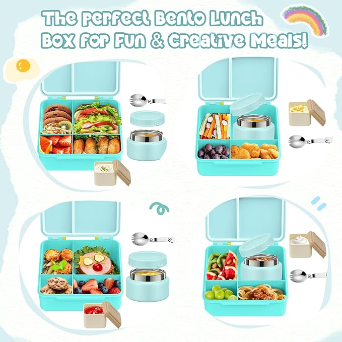 Lunch Box Kids Box Bento Box for Kids - 9oz Soup Thermo, Insulated Bento Lunch Box with Leak Proof Vacuum Insulated Food Jar - 5 Compartments((Blue Sky)