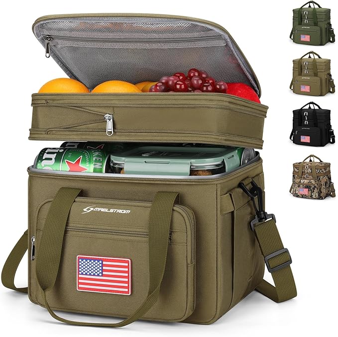 Maelstrom Tactical Lunch Box for Men, 23L Insulated Lunch Bag, Expandable Double Deck Cooler Bag, Lightweight Leakproof Tote Bag With Side Tissue Pocket, Suit For Men and Women, Khaki