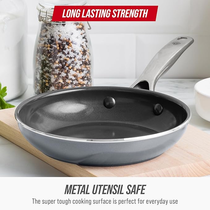 Blue Diamond 8" Nonstick Frying Pan Skillet, Diamond Infused PFAS & PTFE-Free Ceramic Pot, Dishwasher & Oven Safe, Stay Cool Handle, Durable Non Toxic Metal Utensil Safe, Egg & Omelet Pan, Gray