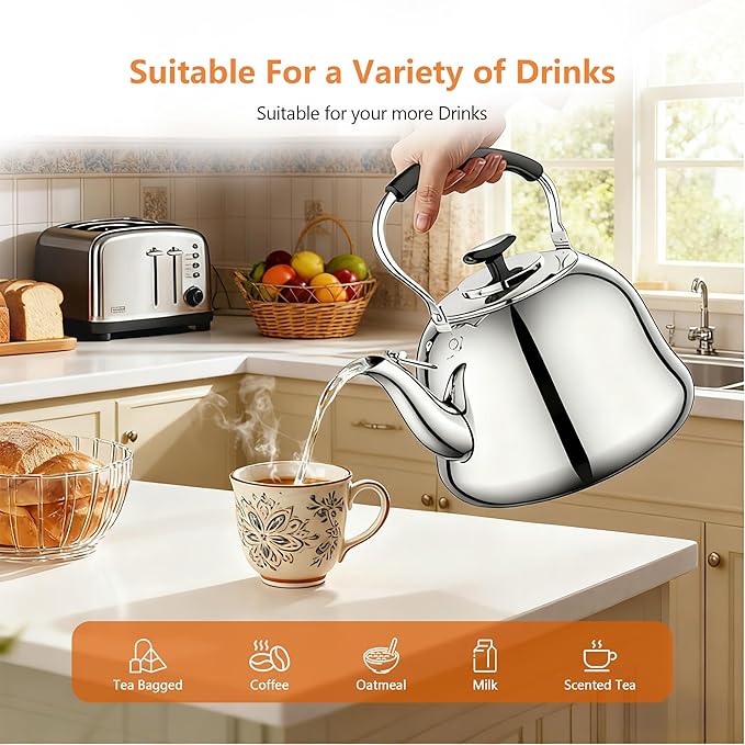 2L Whistling Stovetop Tea Kettle - Food Grade Stainless Steel Teapot with Fast Boil, Wide Mouth, Folding Handle, Ideal for Stove Top – Perfect for Tea, Coffee & Hot Water, Mirror Finished
