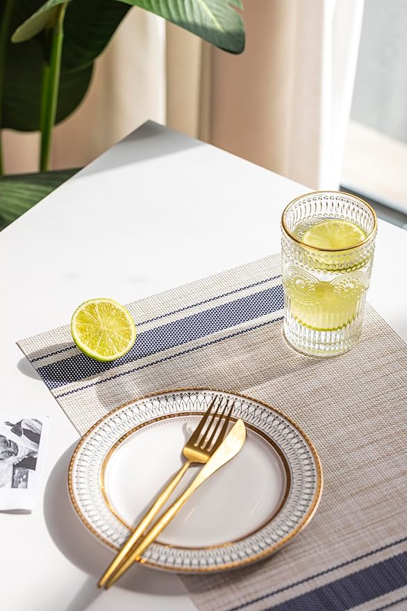 LEXMORE Placemats Set of 8 Vinyl/Plastic Woven Place Mats for Kitchen Table Indoor/Outdoor Washable Placemat Wipeable Dining Table Mats(Blue Skyline)